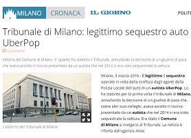 Tribunale di Milano legittimo sequestro auto UberPop